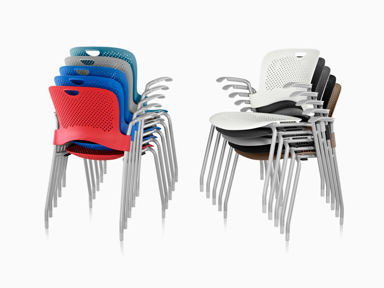 Two sets of Caper Stacking Chairs in various colours, both stacked five high.