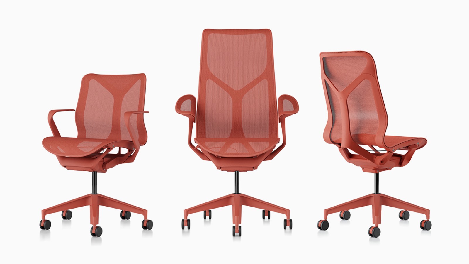 Low-back, high-back, and mid-back Cosm ergonomic desk chairs with suspension materials, bases, and frames in Canyon red.