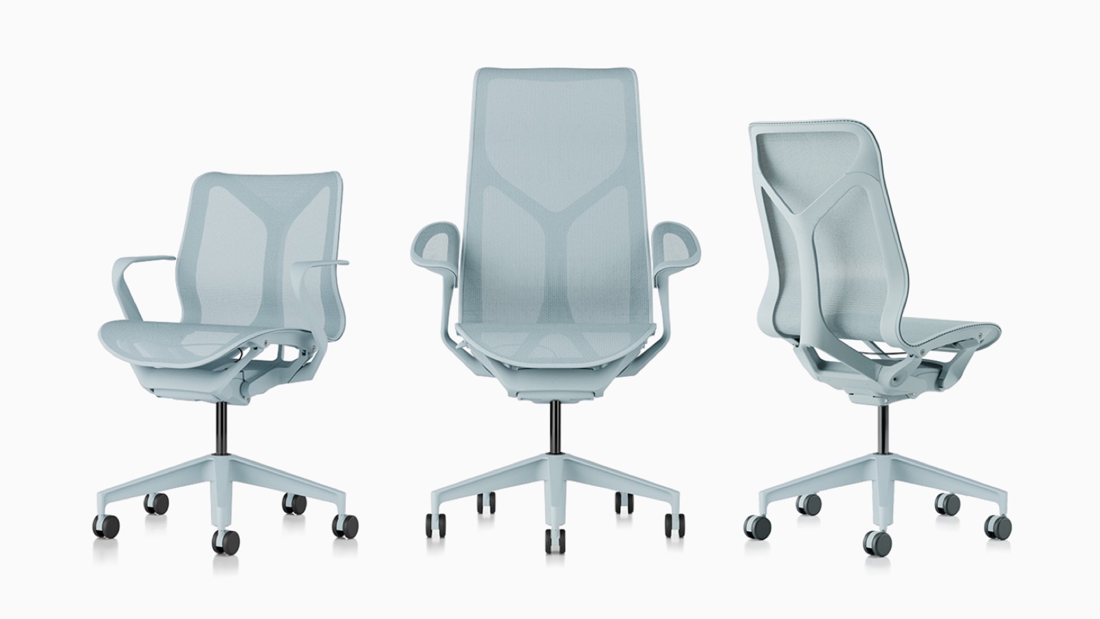 Low-back, high-back, and mid-back Cosm ergonomic desk chairs with suspension materials, bases, and frames in Glacier light blue.