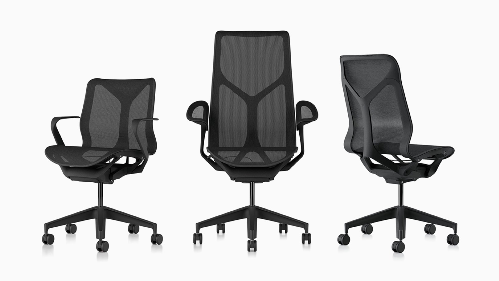 Low-back, high-back, and mid-back Cosm ergonomic desk chairs with suspension materials, bases, and frames in Graphite dark grey.